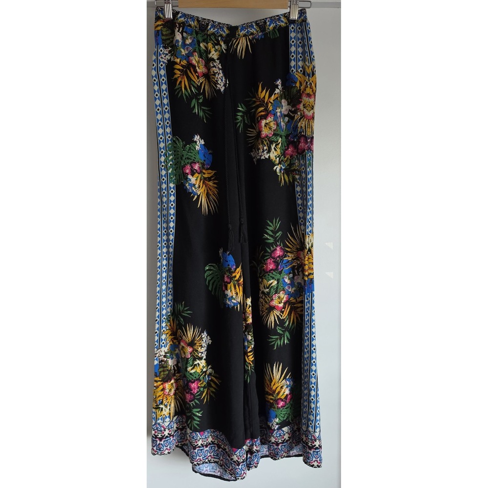 Flying Tomato Women's Floral Boho Pants Size M Black Wide Leg Trousers Slacks